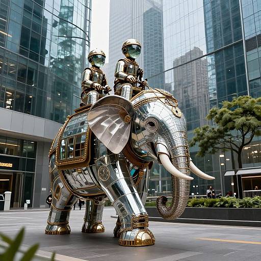 Photograph of two metallic, robotic elephant riders with mirrored armor in a modern, glass-clad cityscape, featuring tall skyscrapers and green trees