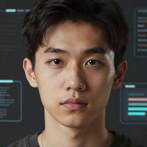 Photorealistic digital portrait of a young Asian man with short black hair, neutral expression, and light skin, set against a dark, tech-themed background
