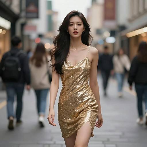 Elegant Woman in Gold Dress at Night