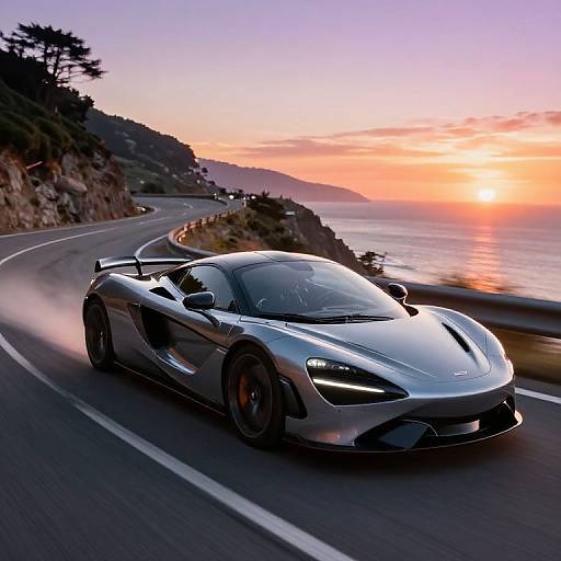 Photograph of a sleek, silver Porsche 918 Spyder racing along a coastal road at sunset, with vibrant orange and purple sky reflecting on the ocean