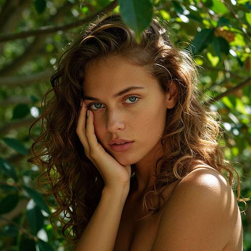 Photograph of a beautiful young woman with curly brown hair, green eyes, and fair skin, touching her face with her hand, set against a sun