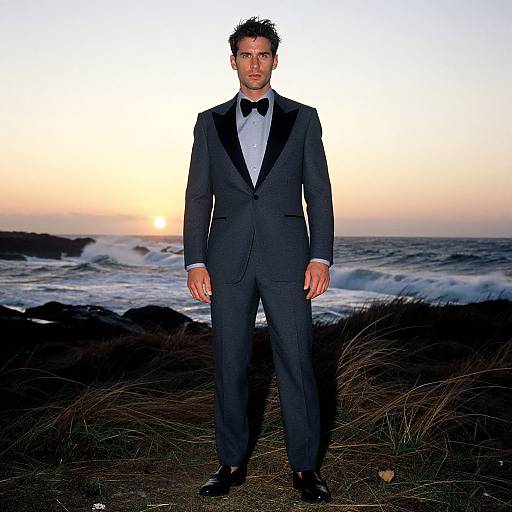 Photograph of a handsome man in a black tuxedo with a bow tie standing on a rocky beach at sunset.