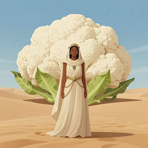 Young Woman in Desert with Cauliflower Backdrop