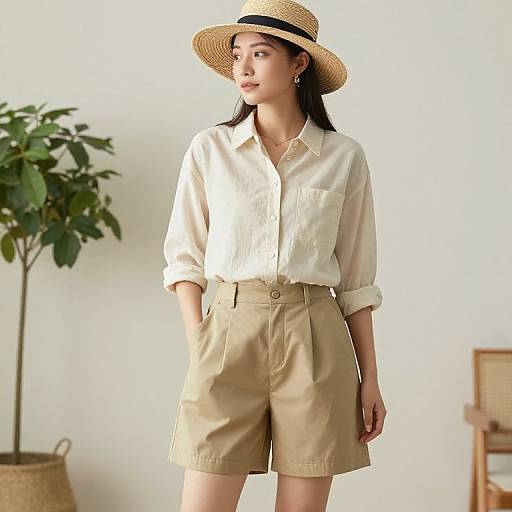 Woman in Beige Outfit with Straw Hat