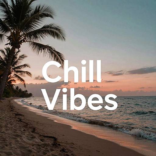 Photograph of a sunset beach with palm trees, waves, and text 