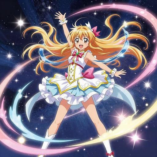 Anime-style digital illustration of a blonde girl with long hair, wearing a white and pink magical girl outfit, dancing energetically against a starry night