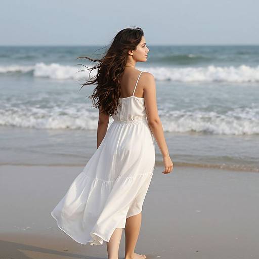 Photograph of a woman with long dark hair in a flowing white sundress, standing on a beach with gentle waves in the background.