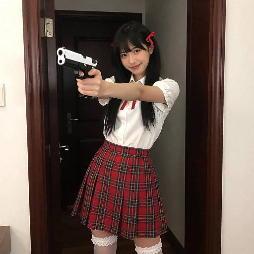 Smiling Asian Woman with Toy Gun