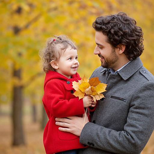 Photograph of a smiling father with curly dark hair and beard, holding his curly-haired daughter in a red coat, both holding autumn leaves, against a