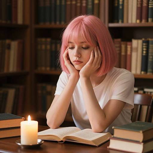 Girl with Pink Bob in Cozy Library