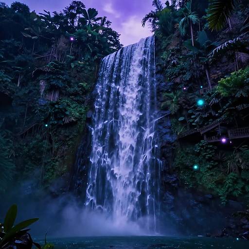 Photograph of a vibrant, multi-tiered waterfall cascading into a misty pool, surrounded by lush, dark green tropical foliage under a twilight sky
