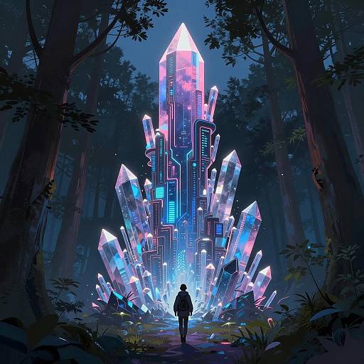 Luminous Cyberpunk Tower in Forest