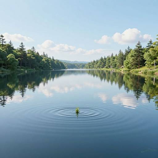 Photograph of a calm, reflective lake with clear blue water, surrounded by dense green pine forests under a bright blue sky. A single green plant rises