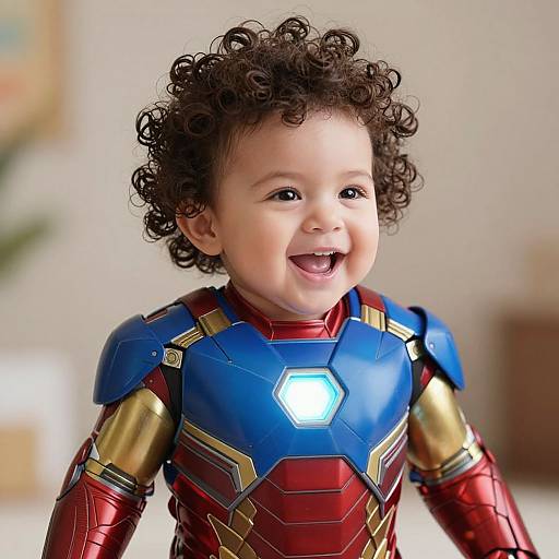 Photograph of a curly-haired baby smiling in a detailed, colorful Iron Man costume with blue chest piece, red and gold armor, and glowing hexagon