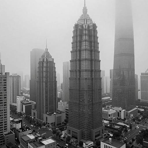 Foggy Black and White Cityscape with Skyscrapers