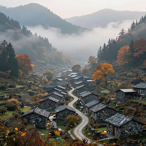 Misty Mountain Village in Autumn