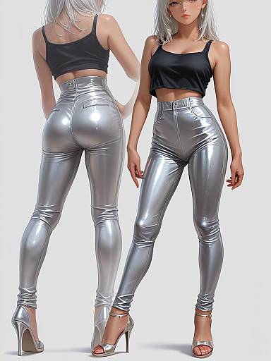 Digital CGI image of a white-haired woman in a black crop top and shiny silver high-waisted leggings, wearing silver high heels, shown from back
