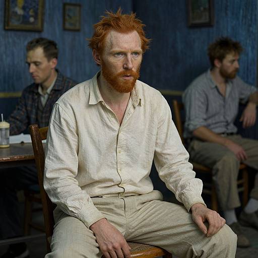 Photograph of a red-bearded man in a white, slightly wrinkled shirt, sitting in a dimly lit, blue-walled room with two