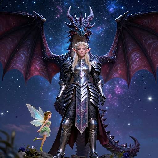 Digital artwork of a blonde elf princess in silver armor, standing before a towering, black dragon with purple wings, under a starry sky. A small