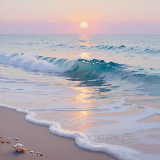 Photograph of a serene beach at sunset, featuring gentle waves, a glowing orange sun, a seashell on the sand, and a pastel