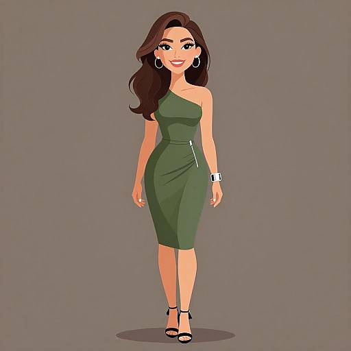 Digital illustration of a smiling woman with long brown hair, wearing a green one-shoulder dress, black high heels, silver bracelet, and hoop earrings