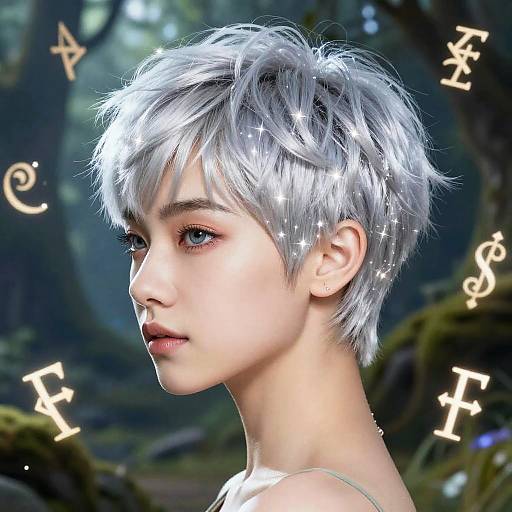 Digital portrait of a young androgynous person with short, silver, sparkly hair, pale skin, and blue eyes, set against a forest