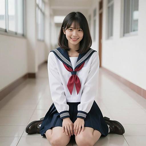 Cheerful Asian Student in Sailor Uniform