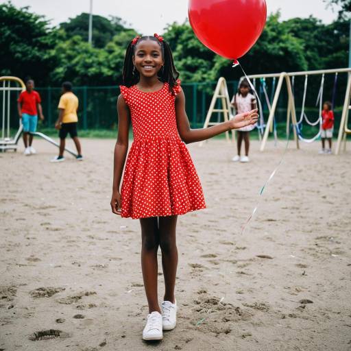 Girl in Red Polka-Dot Dress Holding Balloon in Playground