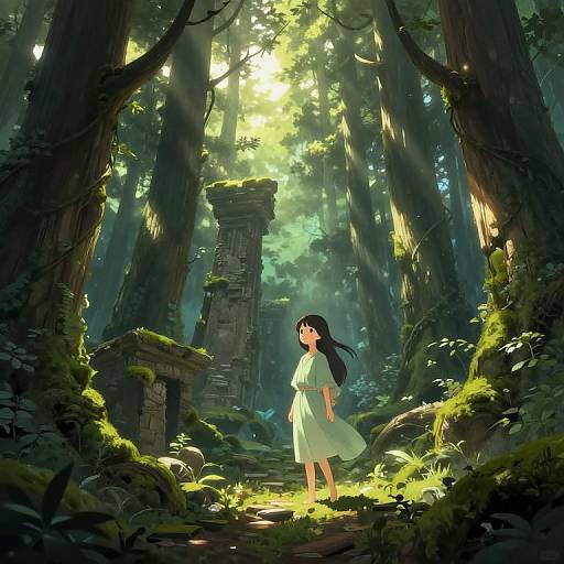 Anime-style digital art of a young girl with long black hair in a green dress standing in a sunlit, moss-covered ancient forest with tall trees and