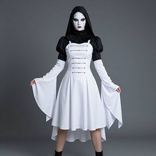 Photograph of a woman with white face paint, black hair, wearing a white dress with black sleeves and black shoes, standing against a gray background.