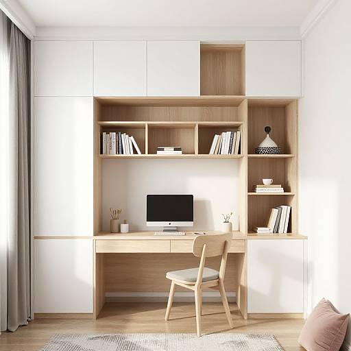 Modern photograph of a light wooden home office desk with built-in shelves, white cabinets, a flat-screen monitor, books, a chair, and natural light