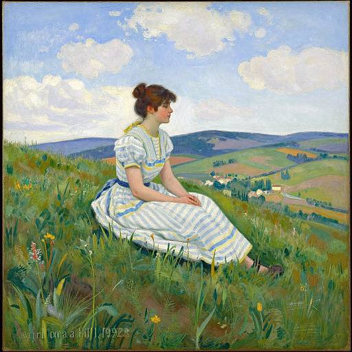 Serene Oil Painting of Girl on Hill