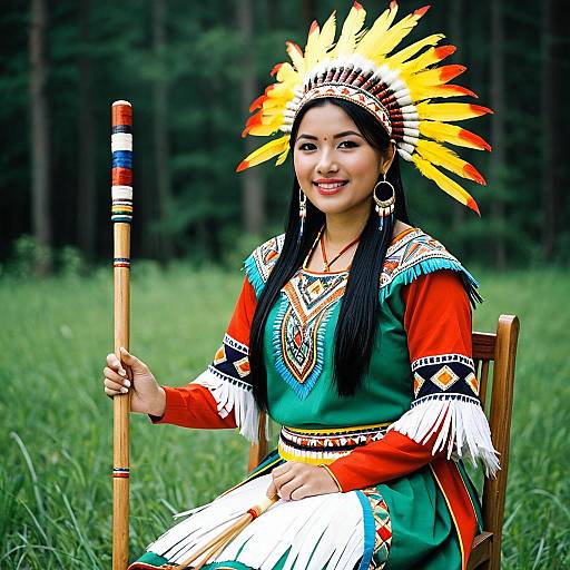 Asian Woman in Native American-Inspired Traditional Attire