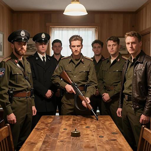 Group of Military and Police Men in Wooden Room