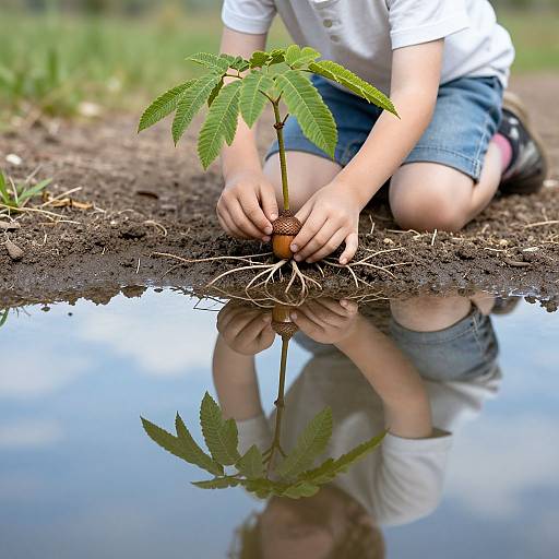 Photograph of a child in a white shirt and blue shorts, planting a green seedling in wet soil, reflected in a puddle.