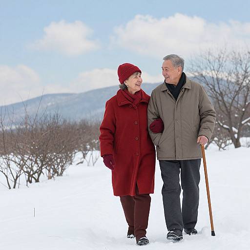 Photograph of smiling elderly couple in winter clothes, red coat and gray jacket, walking in snowy landscape with trees and mountains.