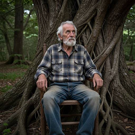 Photograph of an elderly white man with a white beard, wearing a checkered shirt and blue jeans, sitting on a wooden chair against a large tree
