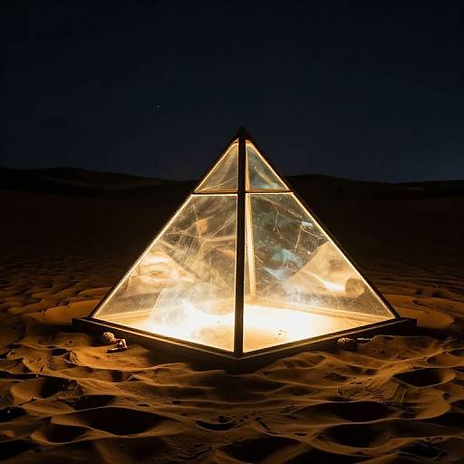 Photograph of a glowing, triangular, glass-walled tent in a dark, sandy desert at night, with faint mountain silhouettes in the background