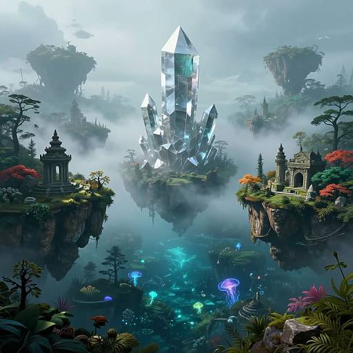 Digital fantasy landscape: Glowing crystal tower on misty floating islands, surrounded by lush greenery, ancient ruins, vibrant jellyfish, and tranquil water