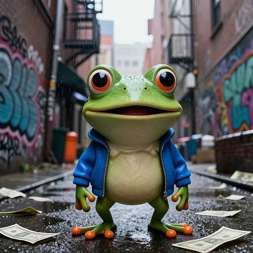 CGI image of a cute green frog with orange eyes, wearing a blue jacket, standing on a rainy, graffiti-covered alley. Scattered money on
