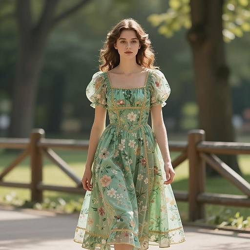 Young Woman in Green Floral Dress Outdoors