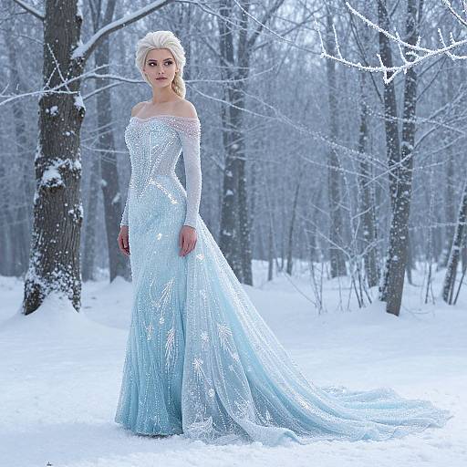 Photograph of a blonde woman in an ice-blue, off-shoulder, long-sleeve, sparkling winter gown, standing in a snowy forest