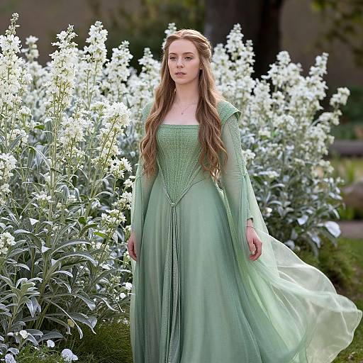 Photograph of a fair-skinned woman with long brown hair wearing a flowing, green, long-sleeved gown, standing amidst white flowering plants in