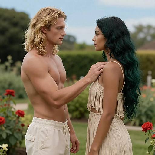 Serene Garden Encounter Between Two Models