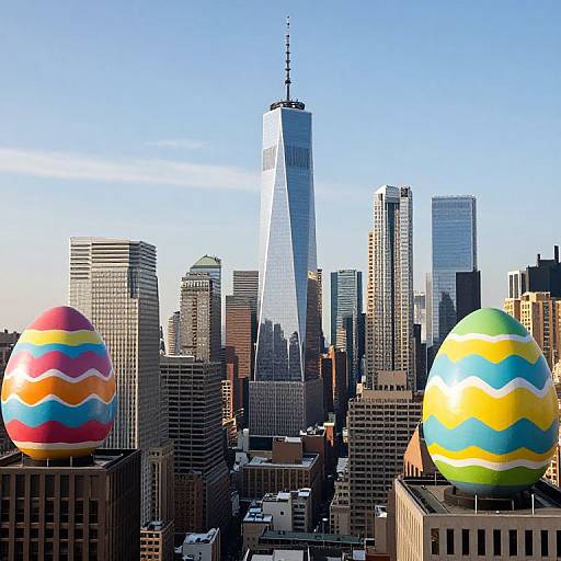 Photograph of NYC skyline with colorful, wavy-patterned Easter eggs on two buildings, One World Trade Center in background, clear blue sky.