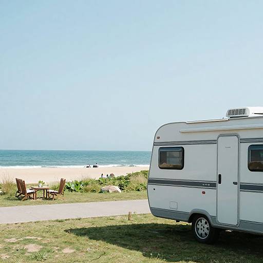 Photograph of a white RV parked on grass near a beach with two wooden chairs, clear blue sky, and calm ocean waves in the background.