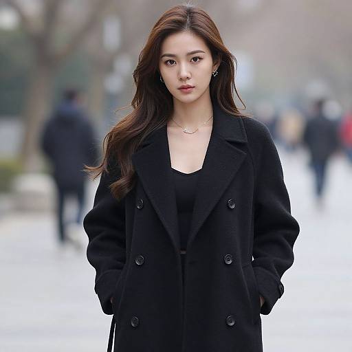 Photograph of an East Asian woman with long brown hair, wearing a black double-breasted coat, standing on a snowy urban street, blurred background with
