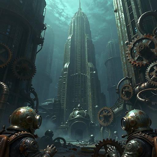 Cyberpunk cityscape: towering metallic skyscrapers, misty blue sky, large gears, and two robotic figures in foreground, detailed digital art