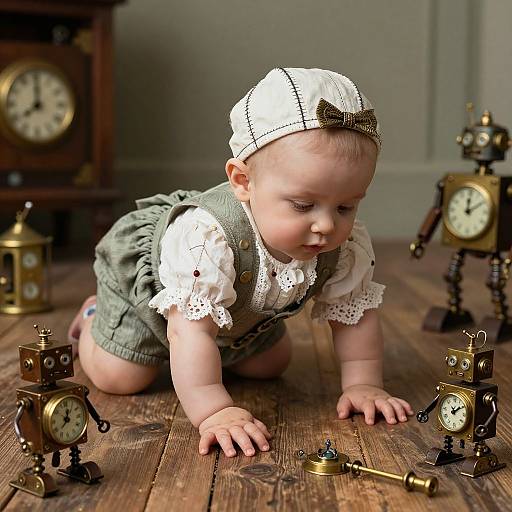 Photograph of a chubby, fair-skinned baby with a white headband and green pinafore, crawling on wooden floor among vintage brass clocks and
