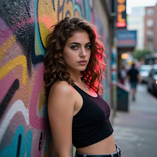 Photograph of a young woman with wavy brown hair, wearing a black crop top, leaning against a colorful graffiti wall on a urban street at dusk